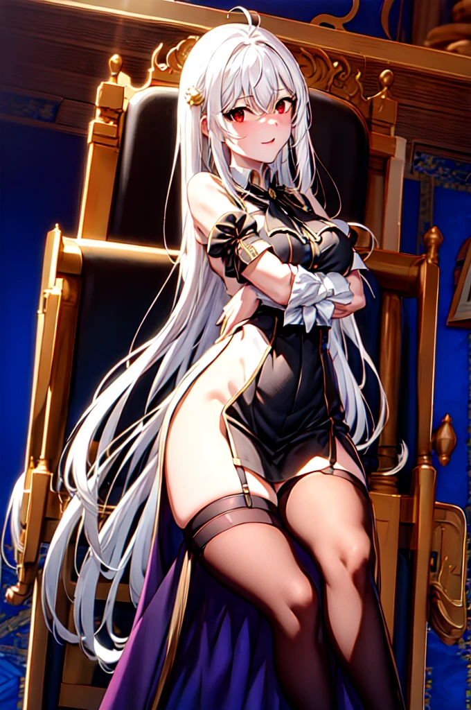 ninym ,masterpiece, glowing light, medium breasts, perfect lighting, looking at viewer, 1girl, mature female, ,thighs, white hair,gradient hair,red eyes, gradient eyes, glowing eyes, black thighhighs, thigh straps, white shirt, black bowtie, white gloves, ahoge, purple sleeves, (simple background), white background, gradient background, light smile, crossed arms, sitting, crossed legs