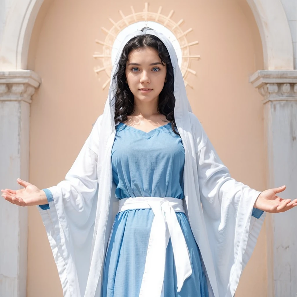 Beautiful woman with open arms, detailed light blue eyes, Curly black hair. wearing a blue tunic with wide, long sleeves adjusted at the waist by an interlaced white sash