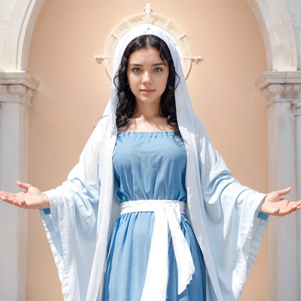 Beautiful woman with open arms, detailed light blue eyes, Curly black hair. wearing a blue tunic with wide, long sleeves adjusted at the waist by an interlaced white sash