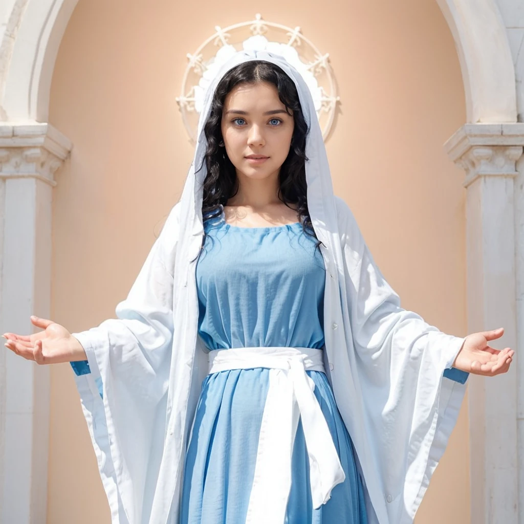 Beautiful woman with open arms, detailed light blue eyes, Curly black hair. wearing a blue tunic with wide, long sleeves adjusted at the waist by an interlaced white sash