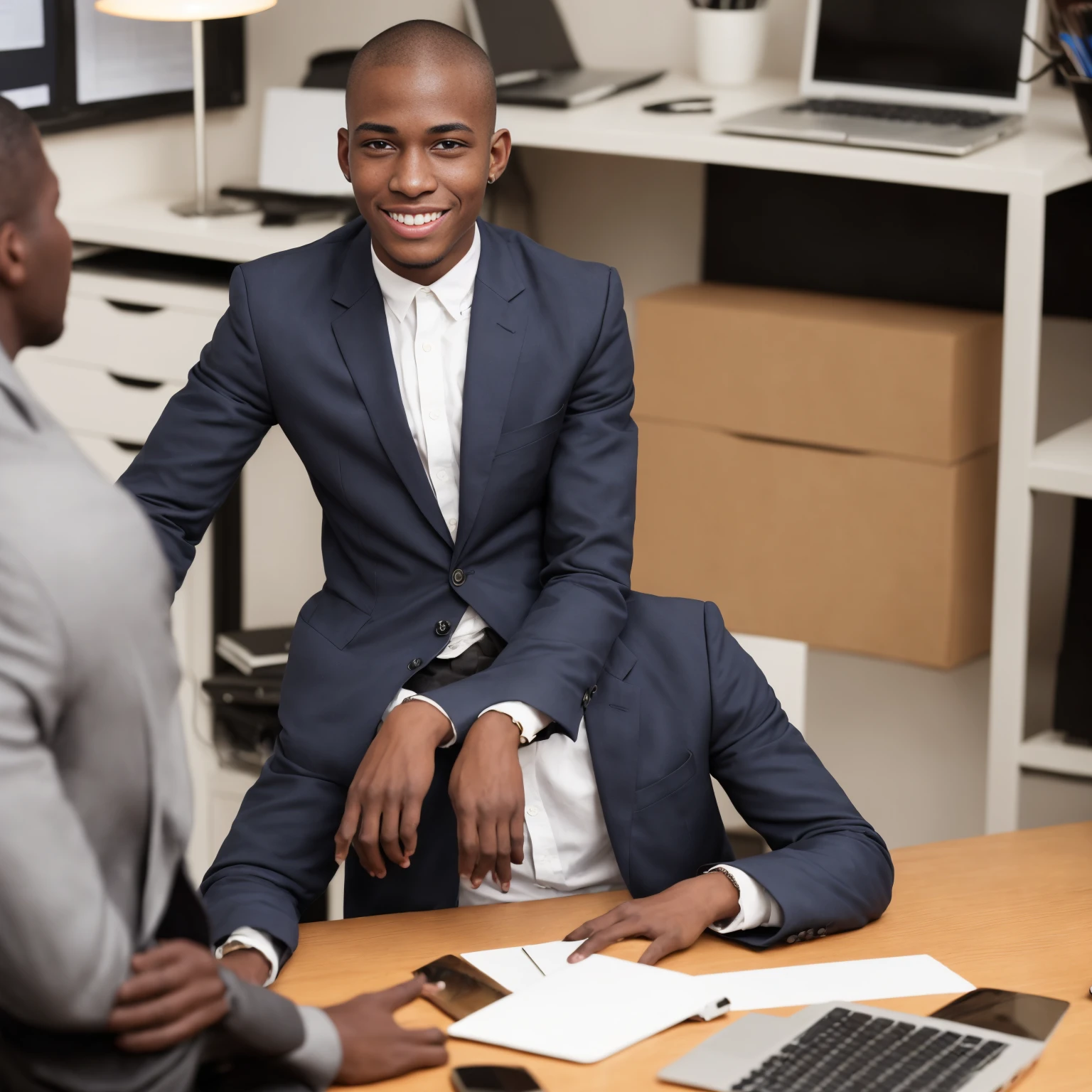 Black man around 22 years old, good looking and smiling, buzz cut hairstyle, python programmer, sitting inside an office, blue blazer, strategist look, laptop, apple laptop, cinematic, ultra realistic, highly detailed (masterpiece)