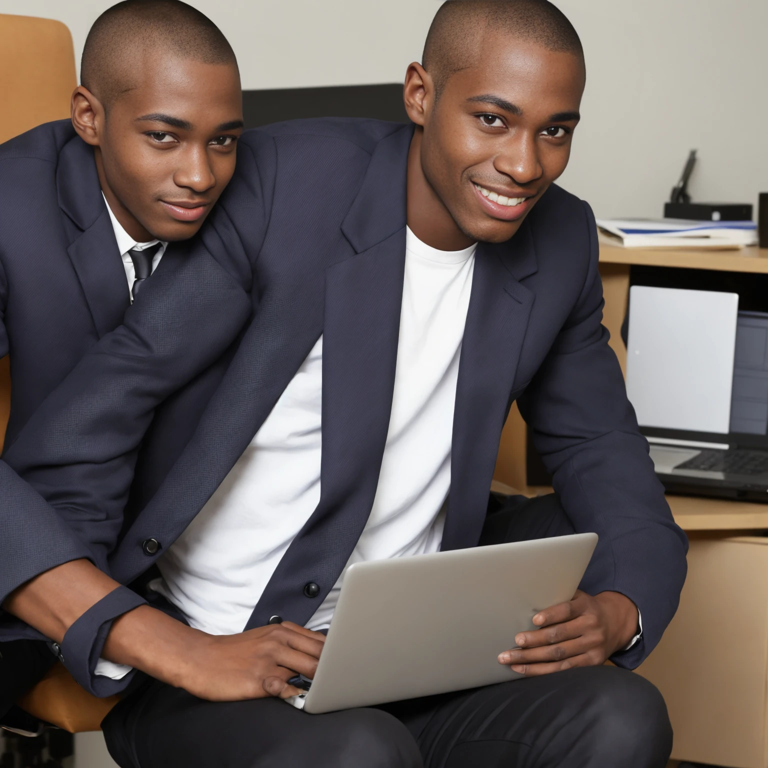 Black man around 22 years old, good looking and smiling, buzz cut hairstyle, python programmer, sitting inside an office, blue blazer, strategist look, laptop, apple laptop, cinematic, ultra realistic, highly detailed (masterpiece)