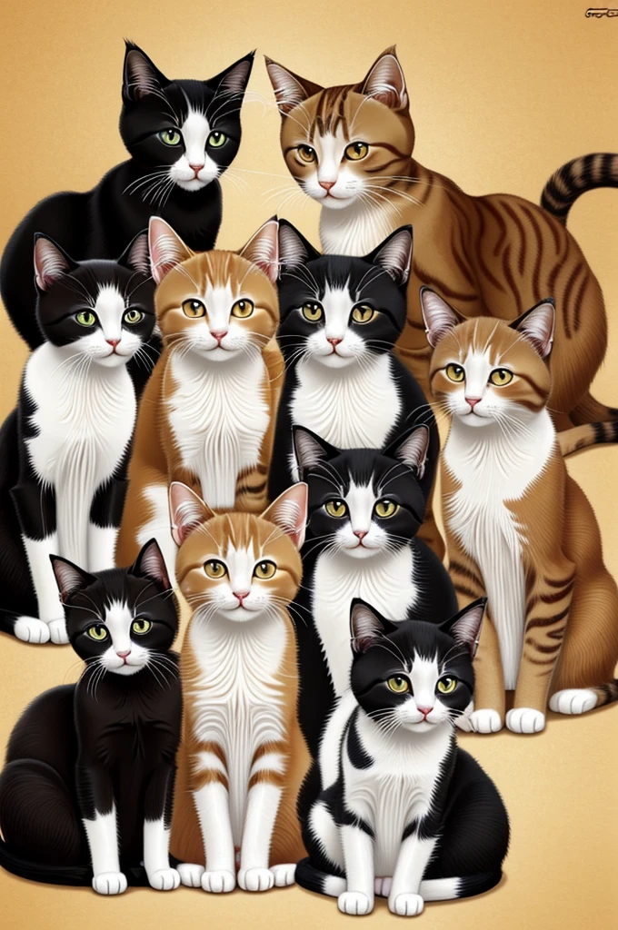 On a golden and elegant background, with cherries and red fruits, there are 4 cats, the oldest is a Carey cat, the second cat is black, The third cat is white with gray spots and the fourth small kitten is white with very faint brown spots.. The image will have a very cute anime cartoon type art