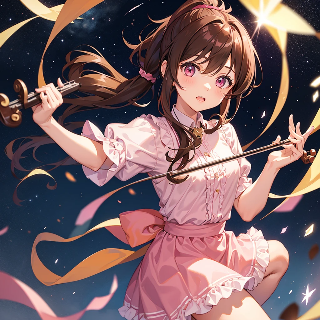 One girl with brown hair and pink eyes, ponytail, playing the violin, starry sky