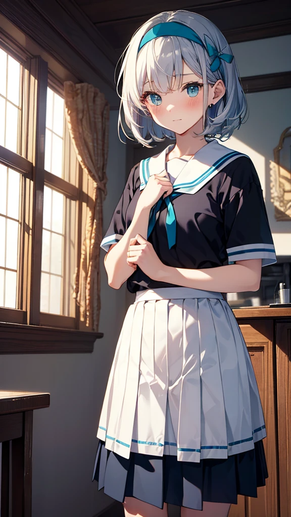 Generate an image of a modest girl with silver hair and cyan eyes, her gaze lowered with a blush. Her hair is short and styled neatly with a small blue headband. She is wearing a traditional  with a pleated skirt and a sailor collar, standing by a large window with sunlight streaming in. The camera angle is from a low perspective, highlighting her shy posture and the warm, inviting atmosphere. Ensure the image is a masterpiece with the best quality, very detailed, and very delicate.
