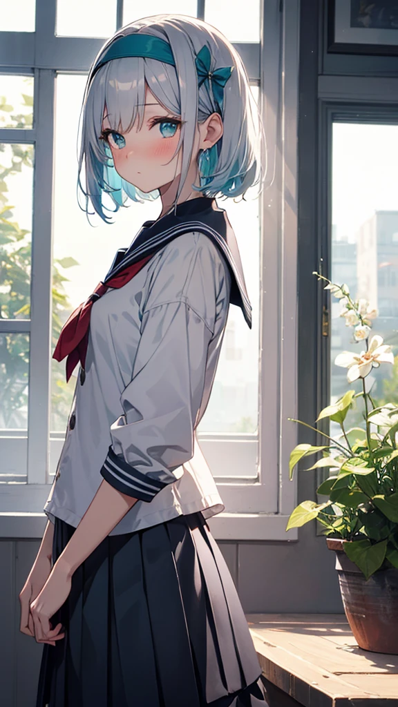 Generate an image of a modest girl with silver hair and cyan eyes, her gaze lowered with a blush. Her hair is short and styled neatly with a small blue headband. She is wearing a traditional with a pleated skirt and a sailor collar, standing by a large window with sunlight streaming in. The camera angle is from a low perspective, highlighting her shy posture and the warm, inviting atmosphere. Ensure the image is a masterpiece with the best quality, very detailed, and very delicate.