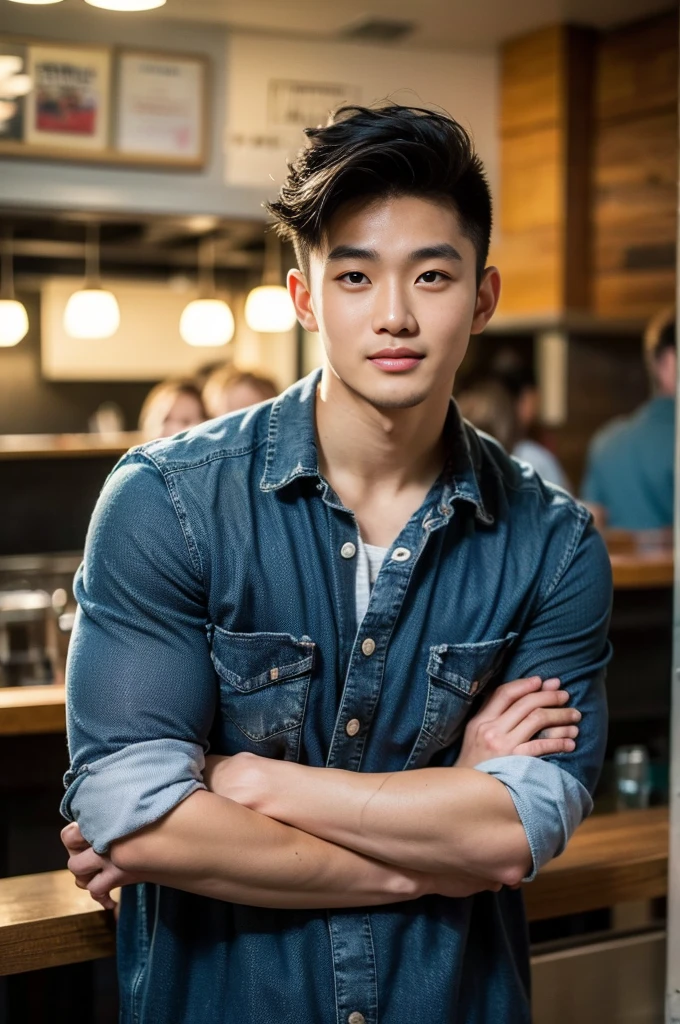 ((realistic daylight)) , Young Korean man in black sports shirt only, no pattern, denim shirt, jeans., A handsome, muscular young Asian man looks at the camera.  , in the restaurant ,turn sideways