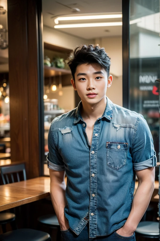 ((realistic daylight)) , Young Korean man in black sports shirt only, no pattern, denim shirt, jeans., A handsome, muscular young Asian man looks at the camera.  , in the restaurant ,turn sideways