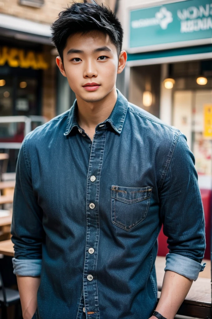 ((realistic daylight)) , Young Korean man in black sports shirt only, no pattern, denim shirt, jeans., A handsome, muscular young Asian man looks at the camera. , in the restaurant ,turn sideways