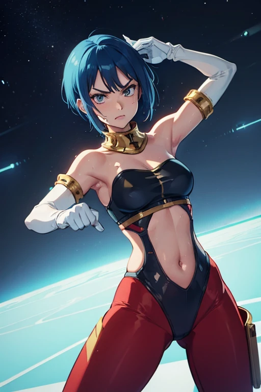 (best quality,masterpiece,ultra highres,cel anime,8k:1.2),(1man:1.5),1mature woman in(short blue haired,30years old), BREAK (in the night ruins:1.3),(abs:0.8), BREAK (blue leotard in red line:1.2), BREAK (red yoga pants:1.4), BREAK (white gloves:1.4), BREAK (navel cutout:1.5),(sweat:1.2),(sholder bare), BREAK (selious, scowl:1.2),(motion blur),(fighting stance:1.3),