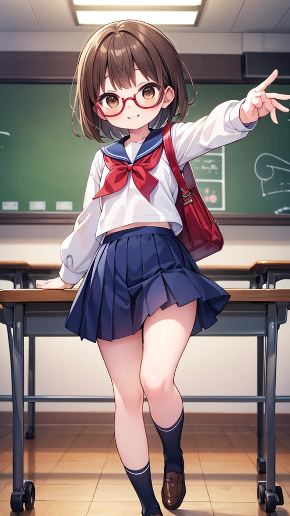 Cutesy、Comical movement、nichijo style、smile、mischief、lure、Expectations、surprise、Shyness、School、classroom、Daytime、Cute girl , Shooting from below, One Girl, Brown Hair、Very short hair, Brown eyes、Red frame glasses、White blouse, Navy Blue Skirt, Navy blue socks, Brown Loafers,Highest quality, 4K, 8k, High resolution, masterpiece:1.2, Very detailed, Realistic, photoRealistic, photo-Realistic:1.37, High resolution, 超High resolution, Studio Lighting, Ultra-fine painting, Sharp focus, Physically Based Rendering, Very detailed説明, Professional, Vibrant colors, Bokeh