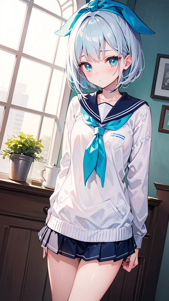 Generate an image of a modest girl with silver hair and cyan eyes, her gaze lowered with a blush. Her hair is short and styled neatly with a small blue headband. She is wearing a traditional  with a pleated skirt and a sailor collar, standing by a large window with sunlight streaming in. The camera angle is from a low perspective, highlighting her shy posture and the warm, inviting atmosphere. Ensure the image is a masterpiece with the best quality, very detailed, and very delicate.