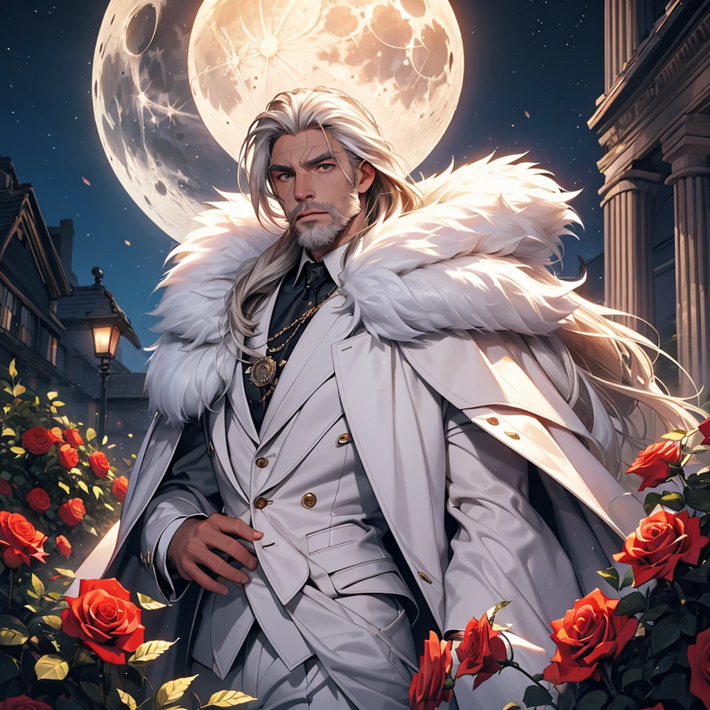 masterpiece, Highest quality, dramatic, 1 person,Long white hair, Psychic Eyes,alone, Long Hair, Tiago Azevedo, moon, night, White luxury suit, Pouting, fur, Proud look,garden, Detailed Background,Cinema Lighting, rose, fashion, Balenciaga Style