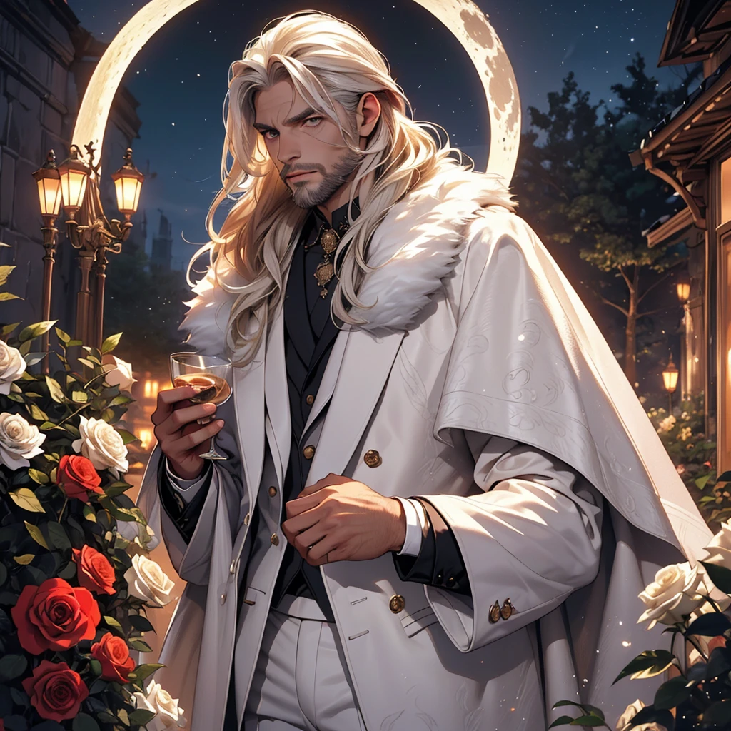masterpiece, Highest quality, dramatic, 1 person,Long white hair, Psychic Eyes,alone, Long Hair, Tiago Azevedo, moon, night, White luxury suit, Pouting, fur, Proud look,garden, Detailed Background,Cinema Lighting, rose, fashion, Balenciaga Style