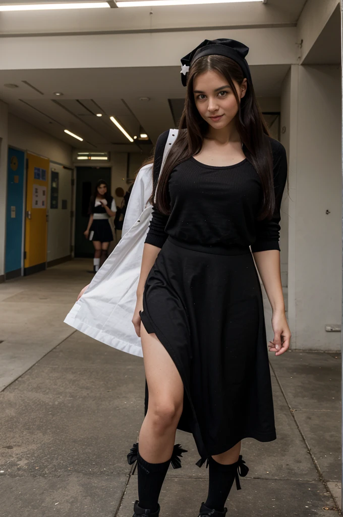 A girl wearing a black long stocking at her feet and a School dress at her body and lookin hornh at a public place.