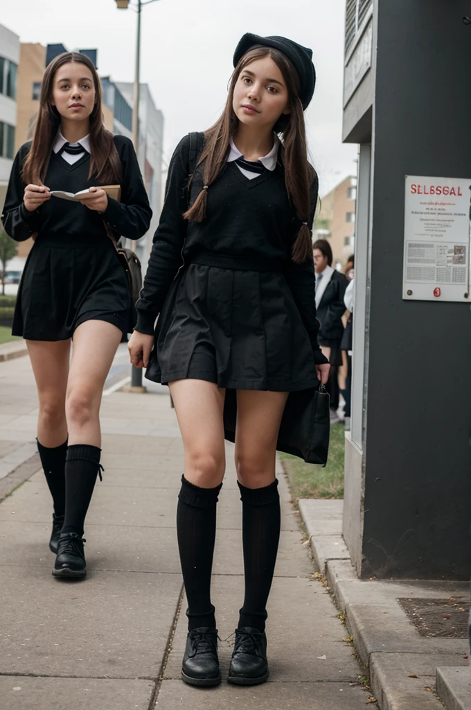 A girl wearing a black long stocking at her feet and a School dress at her body and lookin hornh at a public place.