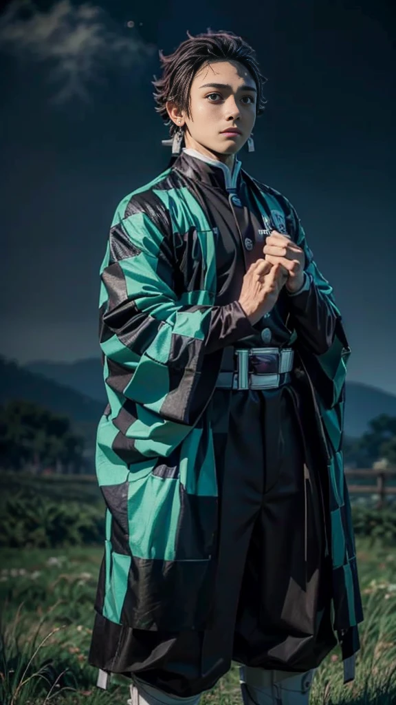 a beautiful ultra-detailed realistic man, Tanziro Kamado from Demon Slayer, very handsome, standing at starry night sky, a grassy field, gorgeous face with glowing eyes, perfect body, kind and loving expression, masterpiece, 8k, HDR, professional lighting, cinematic, dramatic