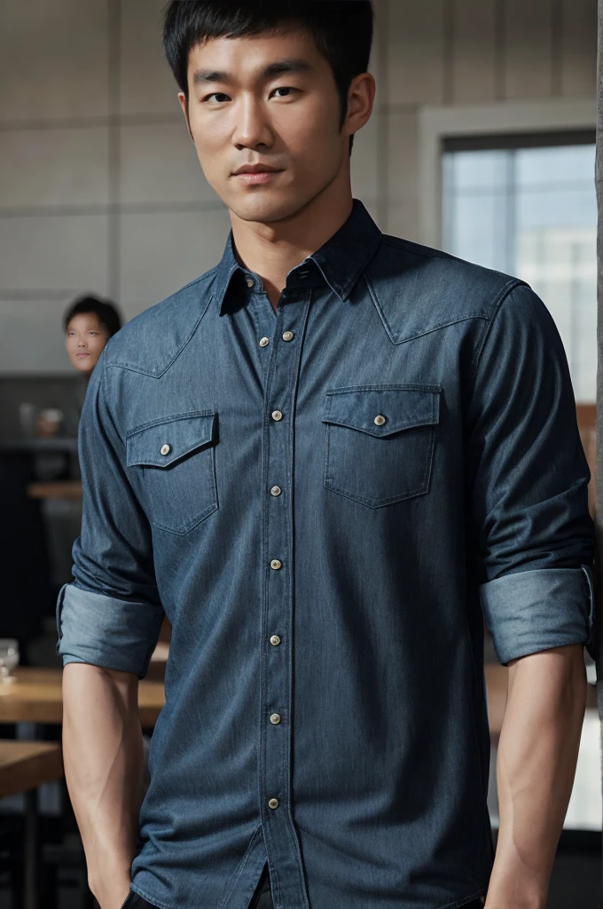 ((realistic daylight)) , Young Korean man in black sports shirt only, no pattern, denim shirt, jeans., A handsome, muscular young Asian man looks at the camera.  , in the restaurant ,turn sideways