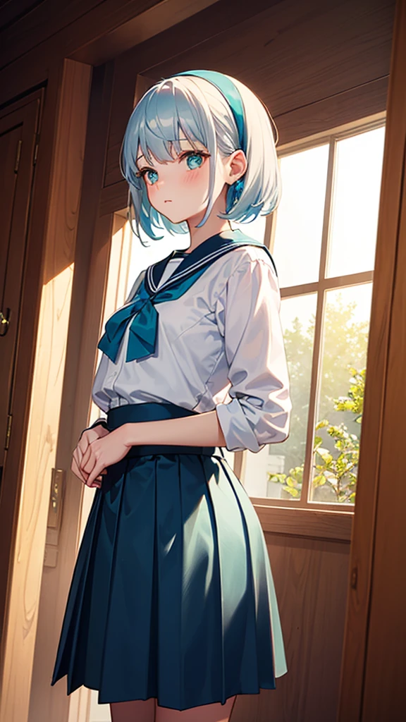 Generate an image of a modest girl with silver hair and cyan eyes, her gaze lowered with a blush. Her hair is short and styled neatly with a small blue headband. She is wearing a traditional with a pleated skirt and a sailor collar, standing by a large window with sunlight streaming in. The camera angle is from a low perspective, highlighting her shy posture and the warm, inviting atmosphere. Ensure the image is a masterpiece with the best quality, very detailed, and very delicate.