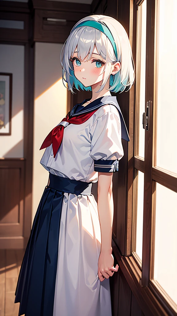 Generate an image of a modest girl with silver hair and cyan eyes, her gaze lowered with a blush. Her hair is short and styled neatly with a small blue headband. She is wearing a traditional with a pleated skirt and a sailor collar, standing by a large window with sunlight streaming in. The camera angle is from a low perspective, highlighting her shy posture and the warm, inviting atmosphere. Ensure the image is a masterpiece with the best quality, very detailed, and very delicate.