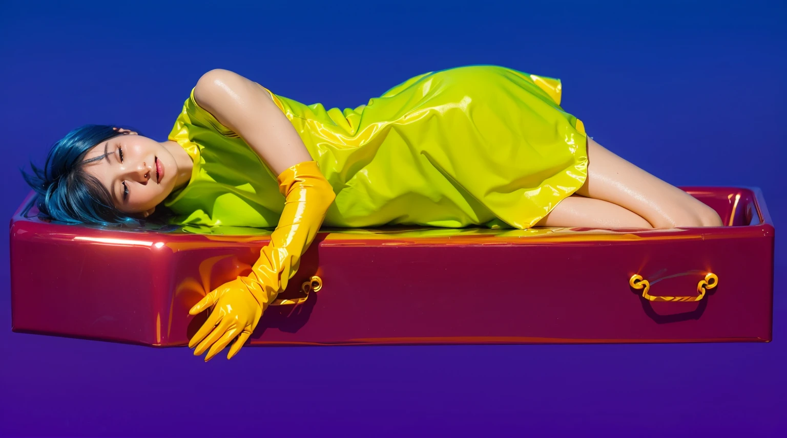 This image depicts a woman with vibrant blue hair, lying comfortably in an elongated, dark purple box. She is dressed in a bright neon green dress and yellow gloves, adding a striking contrast against the purple and blue background. Her peaceful expression and relaxed pose suggest a dreamlike or surreal scene, despite the unconventional setting of being in a box. The overall visual effect is bold and colorful, emphasizing the playful and artistic elements of the composition. effectively conveying a sense of joy and creativity.ffects render, (glossy plastic texture with multiple big light probe refractions), perfect cgi, smooth silhouette, high intensity refraction, (super glossy plastic material), most beautiful vfx, , realistic, 4k, high resolution, rim light, smooth 3d model, multiple light sources, rim light, sharp post effects render,, realistic, 4k, high resolution, rim light detailed digital art, reflective, best quality, 4k, masterpiece:1.2, ultra-detailed, realistic, vivid colors, The image of the highest quality, ensuring every detail showcased perfectly. It in 4k resolution, allowing viewers to immerse themselves in the richness of the colors and intricate details. The realistic rendering. under the spotlight, reflecting, high-resolution image, realistic rendering