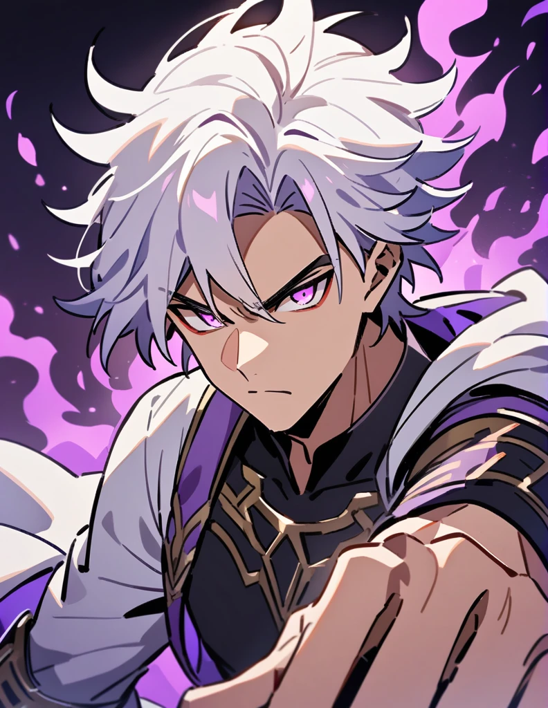 Greek boy with long white hair, serious look, violet eyes, using purple fire powers with one arm and not the other