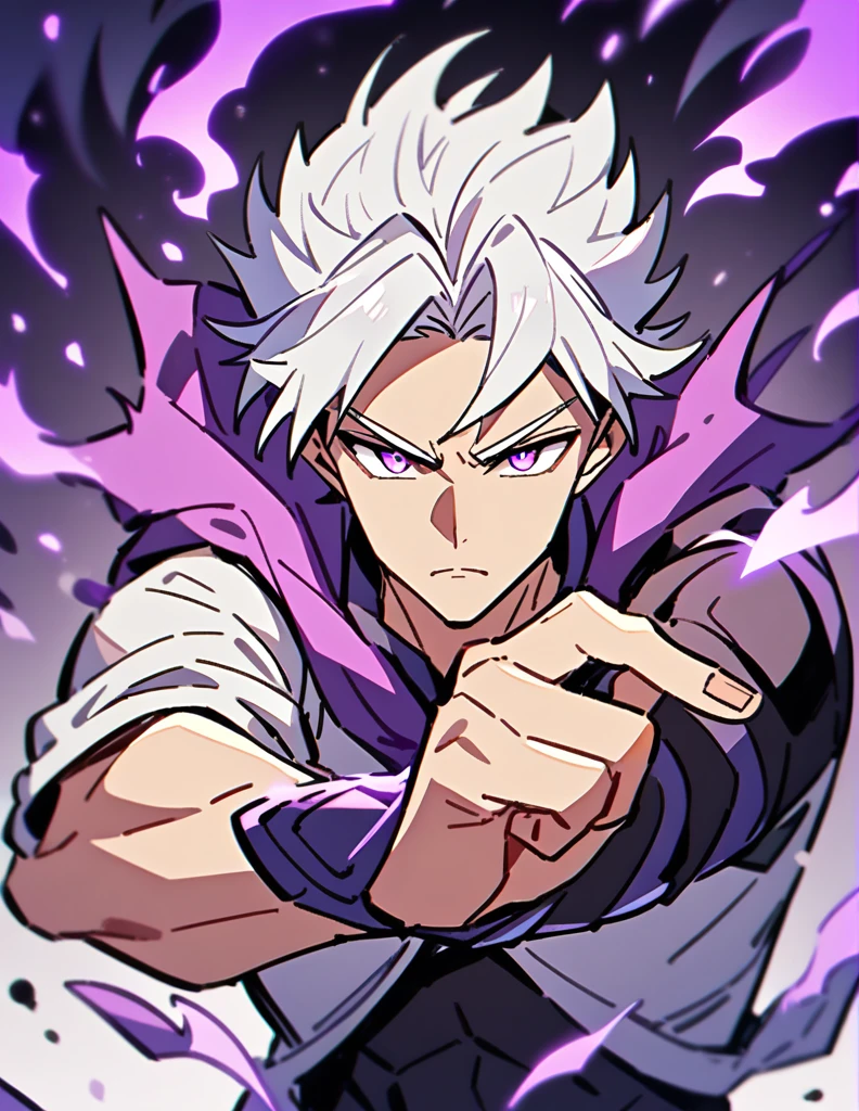 Greek boy with long white hair, serious look, violet eyes, using purple fire powers with one arm and not the other