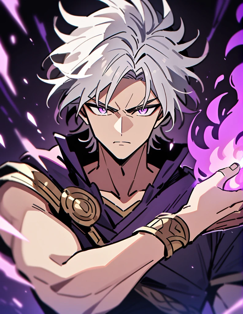 Greek boy with long white hair, serious look, violet eyes, using purple fire powers with one arm and not the other