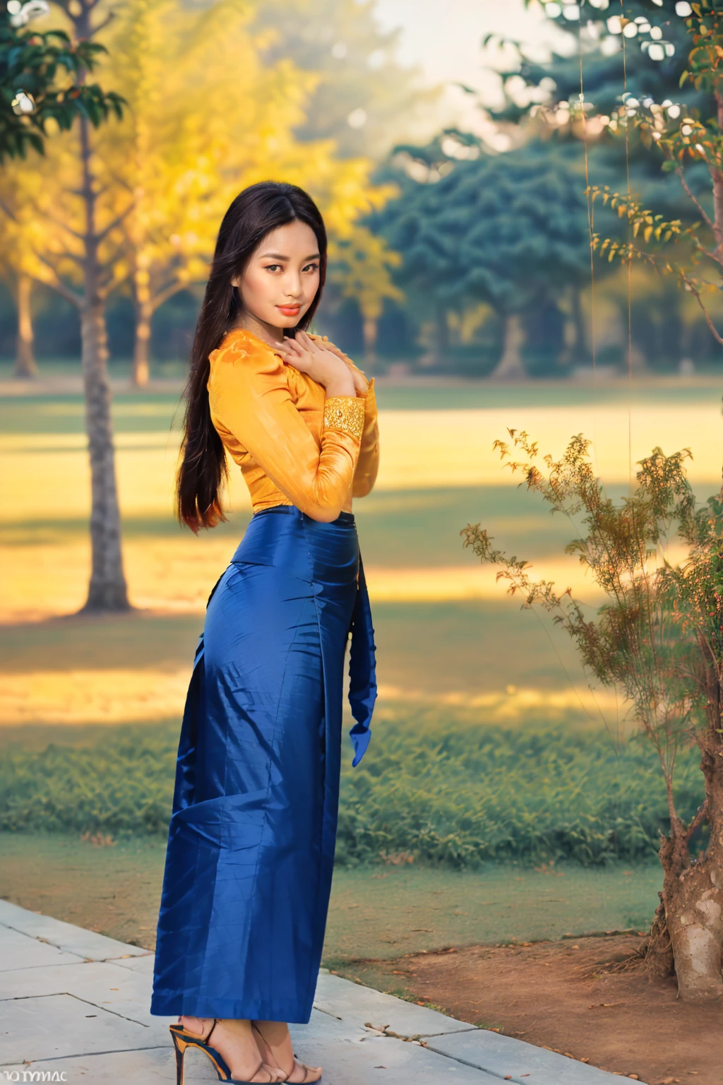 arafed asian woman in a satin dress, (((full body view:2))), ((pretty lady MoonLay:1.2)), (pretty lady MoonLay), ((((pretty lady MoonLay's innocent cute face and cute small smile:1.4)))), ((stylish standing and lean towards the tree:1.8)), ((one knee up:1.5)), ((under the big pine tree:1.7)), ((wearing Myanmar traditional elegant and stylish affair:1.5)), (((slim and voluptuous figure:1.5))), ((white shirt:1.6)), ((red satin long skirt:1.6)), ((blue sandal high heel:1.3)), south east asian with square face, traditional beauty, beautiful asian girl, anime thai girl, a young beautiful asian woman, (((photorealistic background))), ((in a beautiful park with vibrant colorful trees background:1.5)), ((cinematic bokeh deep background blur:1.7)), (((photorealistic cloudy evening sky with golden sunlight15))), (cinematic enhance HDR portrait glow lighting))), perfect anatomy, cannon mark v, DSLR quality, (perfect anatomy), (perfect toes), (perfect hands), (realistic smartphone), (random realistic stylish seductive pose),