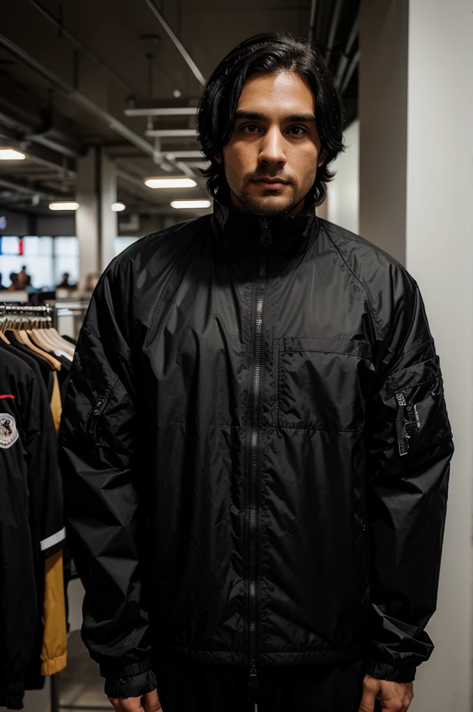 A 30-year-old man with black hair in a black windbreaker stands and looks at me.