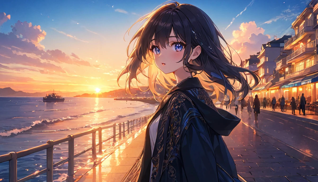 a detailed anime girl walking along a seaside promenade in a sunset city scene, beautiful detailed eyes,beautiful detailed lips,extremely detailed eyes and face,longeyelashes, intricate detailed clothing, shimmering water, glowing sunset sky, atmospheric lighting, highly detailed, photorealistic, 8k, masterpiece, vibrant colors, cinematic lighting,long shot