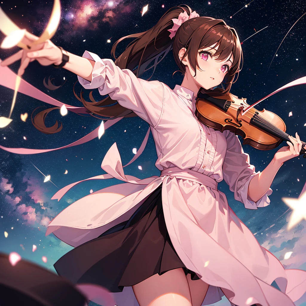 One girl with brown hair and pink eyes, ponytail, playing the violin, starry sky