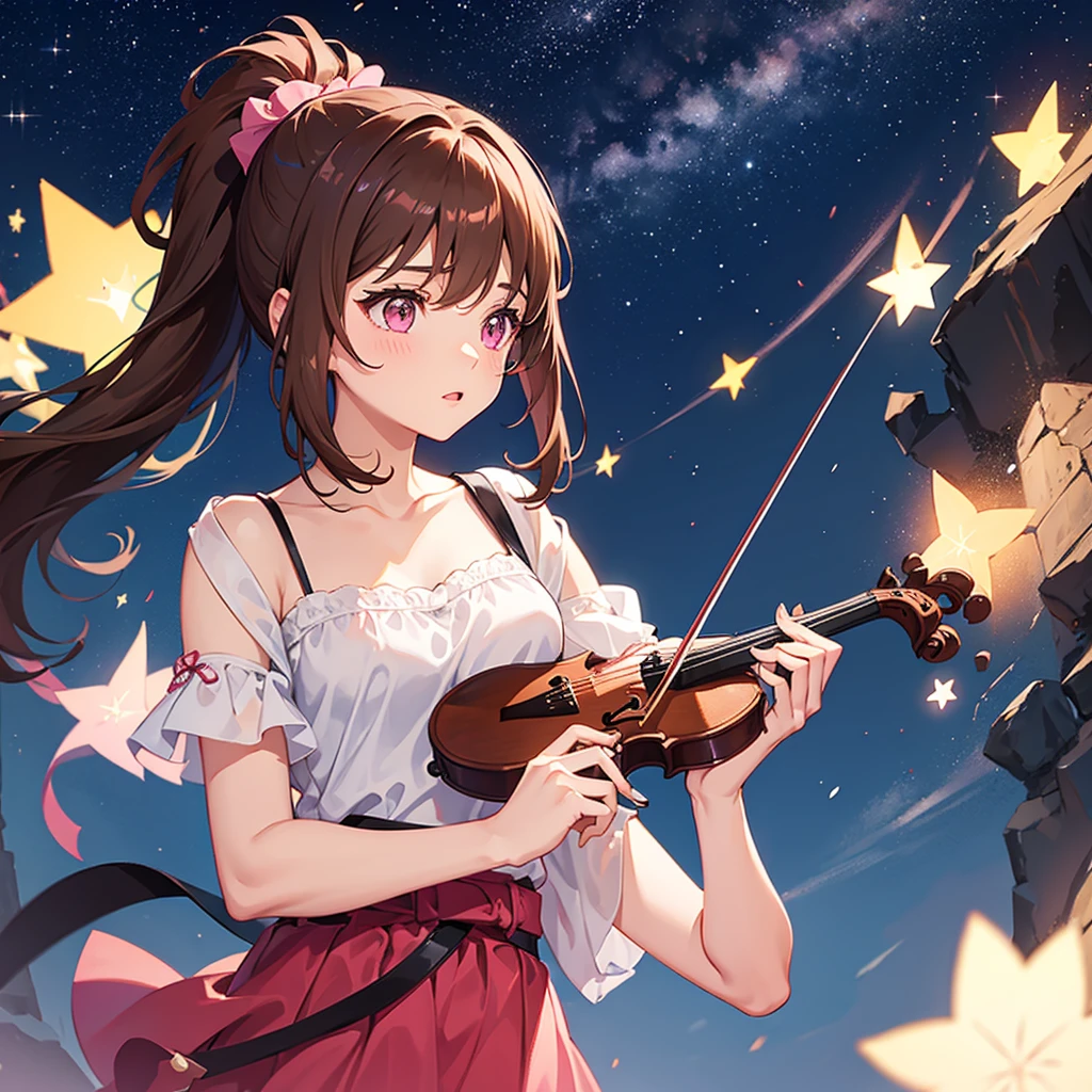 One girl with brown hair and pink eyes, ponytail, playing the violin, starry sky