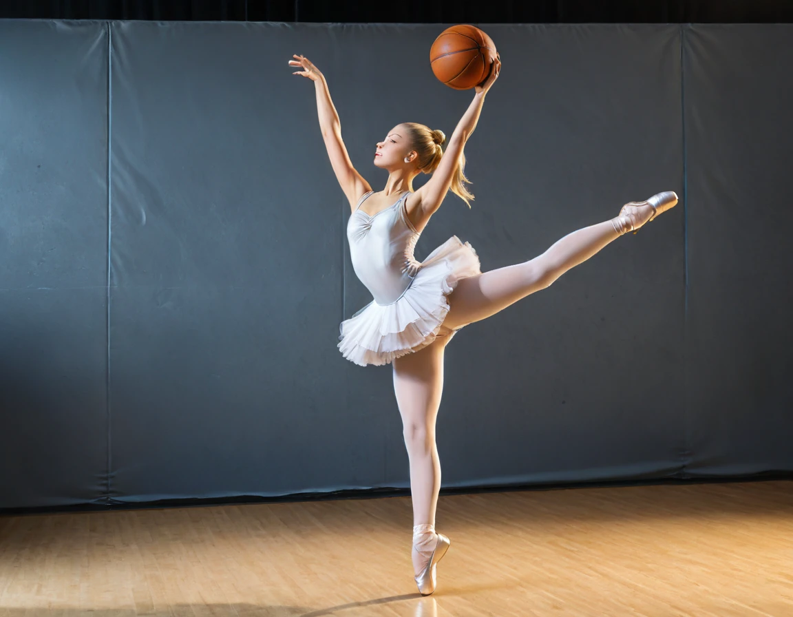 Arafed a sports capture picture of a beautiful ((ballet dancer: 1.5)),  (dunking at a basketball game: 1.3) at a basketball game, an exotic beautiful ballet dancer, blond hair, long hair, dynamic eyes color, concentrated look, determined look, best detailed face, dynamic skin color, wearing ballet clothes and shoes, and dunking, ultra wide shot, photorealistic, vibrant, Ultra-high resolution, High Contrast, (masterpiece:1.5), highest quality, Best aesthetics), best details, best quality, highres, ultra wide angle, 16k, [ultra detailed], masterpiece, best quality, (extremely detailed),