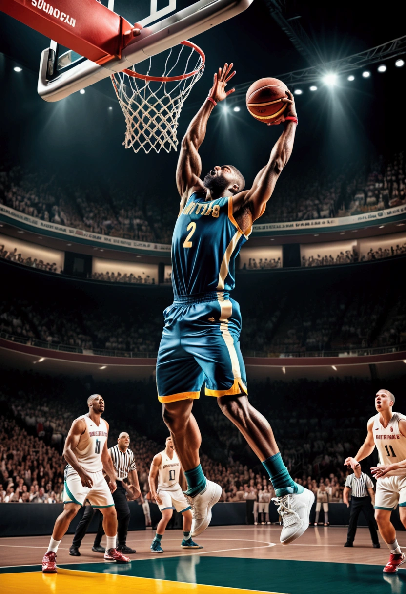 (Game-Winning Dunk), Basketball player hold the ball in both hands and forcefully dunk under the defense of opponents, demonstrating indomitable fighting spirit. The background is a tense and intense court, full body, award-winning, cinematic still, emotional, vignette, dynamic, vivid, (masterpiece, best quality, Professional, perfect composition, very aesthetic, absurdres, ultra-detailed, intricate details:1.3)