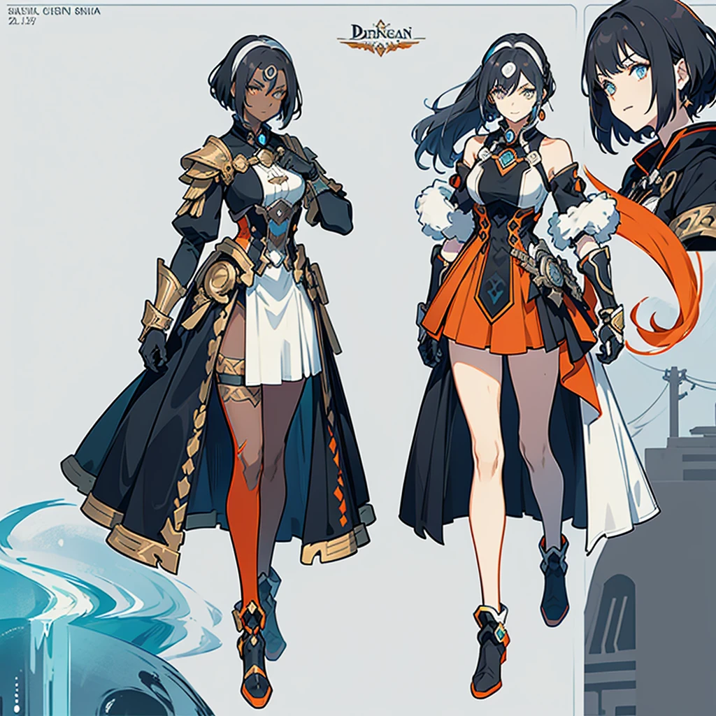 (((concept Art))), (((One character))), Female, (((Dark Skin)))), Black Hair with Ponytail, Light Blue Eyes, Round Glasses with a Slightly Dark Lens with this Lens being Orange, and the Light Blue Color frame, ((Black Metallic Gauntlets and Greaves with Orange and Silver Highlights)), (((The Clothes Have a Mix of Modern and Tribal))), (((The Clothes Have a Mix of Modern and Tribal))), having mostly the color black, but having parts in orange, shoulders exposed, at the hip a shorts that extend to half of the thigh of black color.