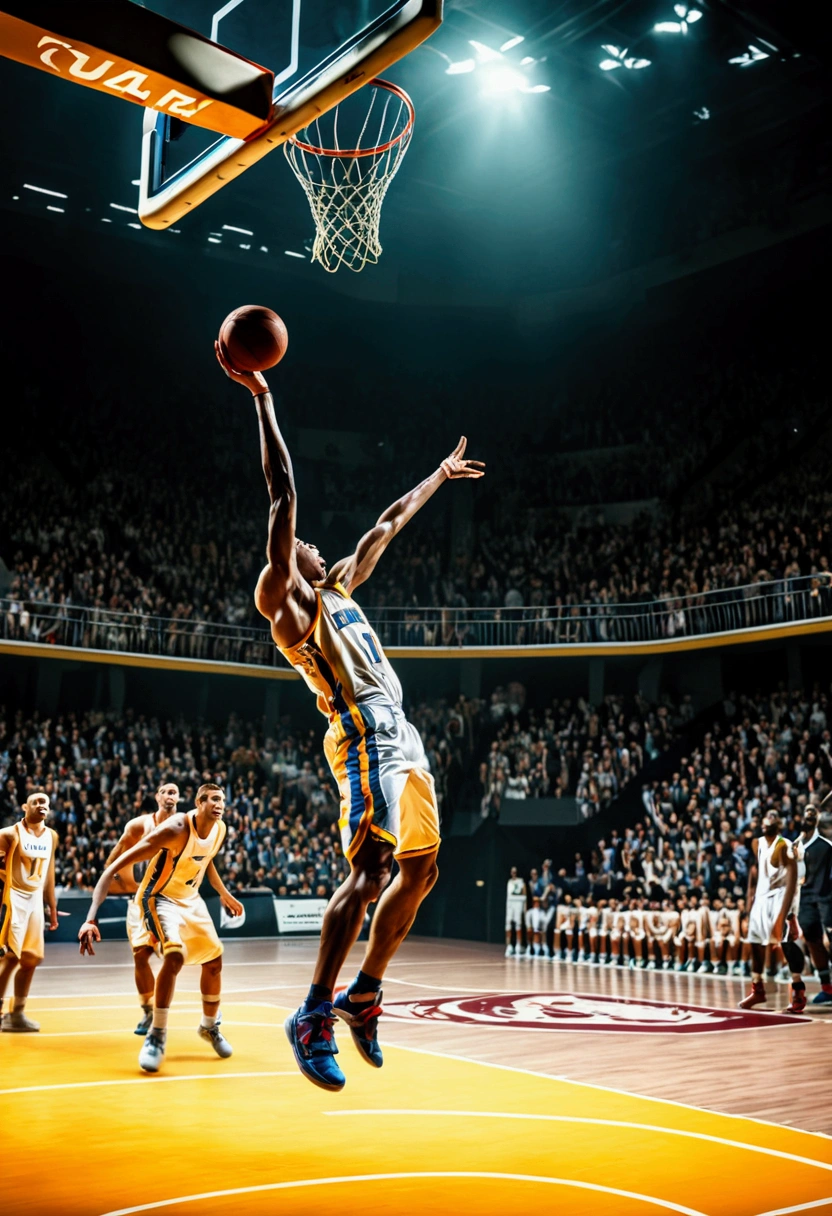 (Game-Winning Dunk), Basketball player hold the ball in both hands and forcefully dunk under the defense of opponents, demonstrating indomitable fighting spirit. The background is a tense and intense court, full body, award-winning, cinematic still, emotional, vignette, dynamic, vivid, (masterpiece, best quality, Professional, perfect composition, very aesthetic, absurdres, ultra-detailed, intricate details:1.3)
