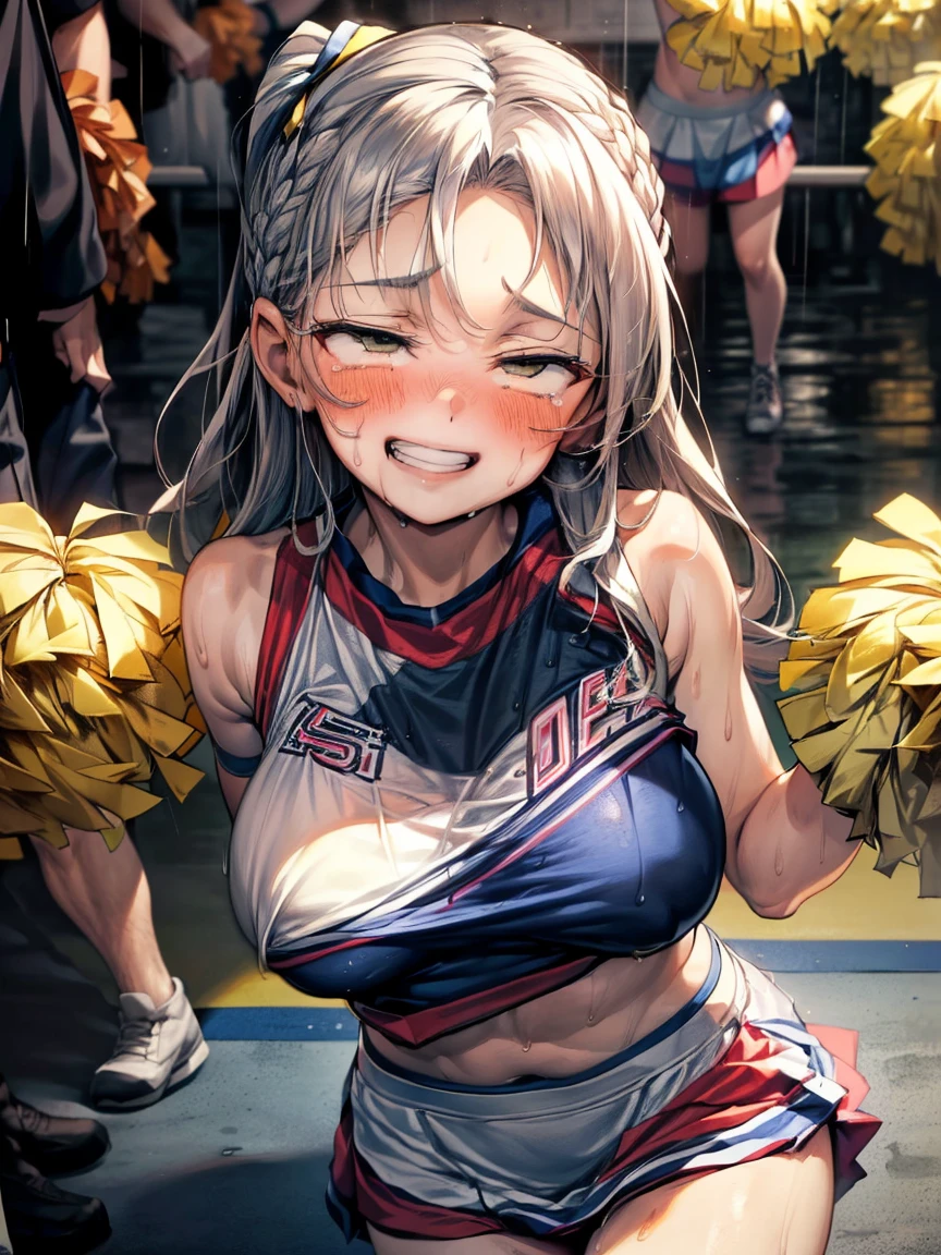 (Very tiny girl rides guy perfectly:1.5)、(Petite girl riding:1.3)、(Big Breasts:2)、(eyes half closed:1.9)、(Grin:1.4)、(tears:1.2)、(The body shakes violently)、8k resolution、 ((Highest quality))、Anatomically correct、(Cheerleader:1.9)、((Hasselblad Photos))、[:(Detailed face:1.2):0.2]、(heavy rain:1.5)、(Sweaty:1.6)、((Top view:1.6))、(braid one's hair:1.5)、(Loss of strength from the body:1.3)、(呻吟)、(Jump:1.6)、((Surrounded by a lot of middle-aged men:1.6))、(Upper Body:1.9)、(Leaning forward:1.9)、(Groping the chest:1.6)、((kiss:1.6))