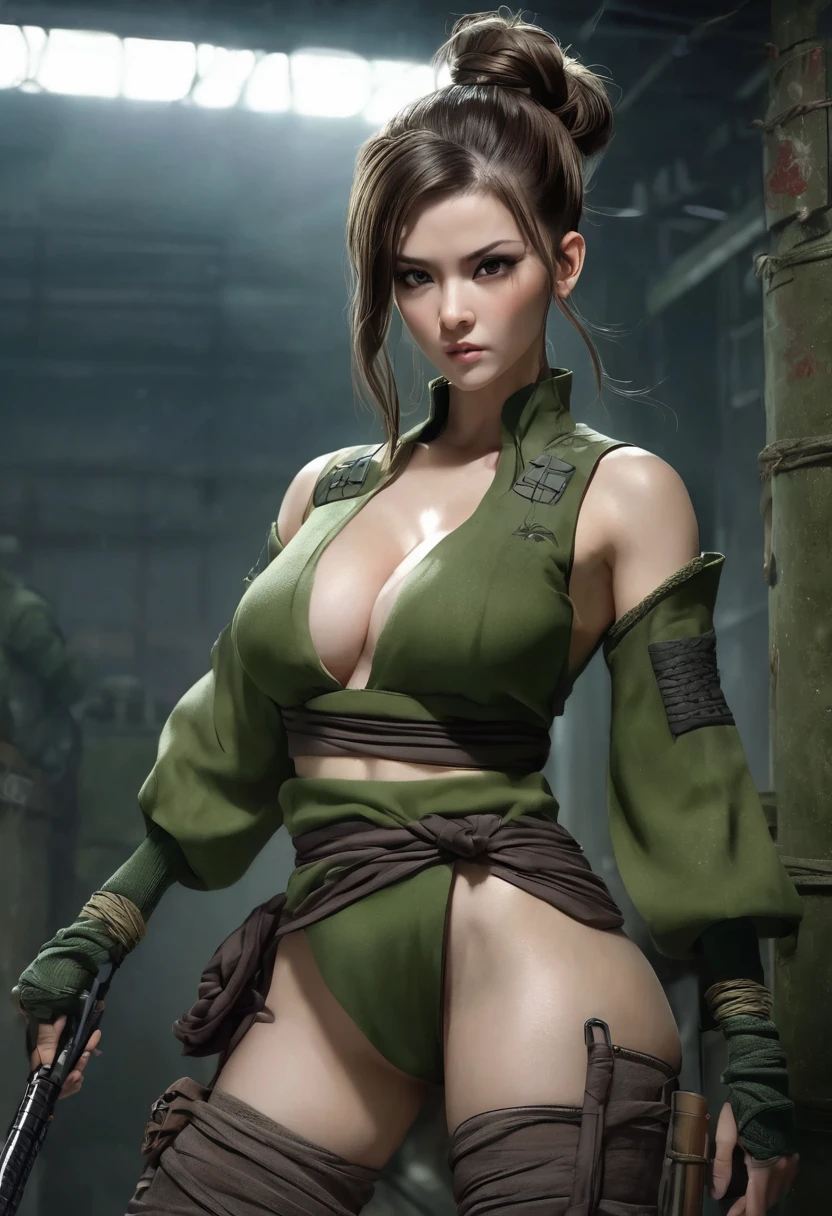 1 woman, inside a manual weapons room, wearing moss green ninja outfit, detailed facial features, brown and feminine eyes, detailed white skin, brown hair with a double bun, image showing full body, large breasts, dramatic lighting, cinematic composition , cold palette, dark colors, atmospheric fog, strong body, thin chin, (best quality, 4K, 8K, high resolution, art: 1.2), ultra-detailed, (realistic, photorealistic, photorealistic: 1.37)