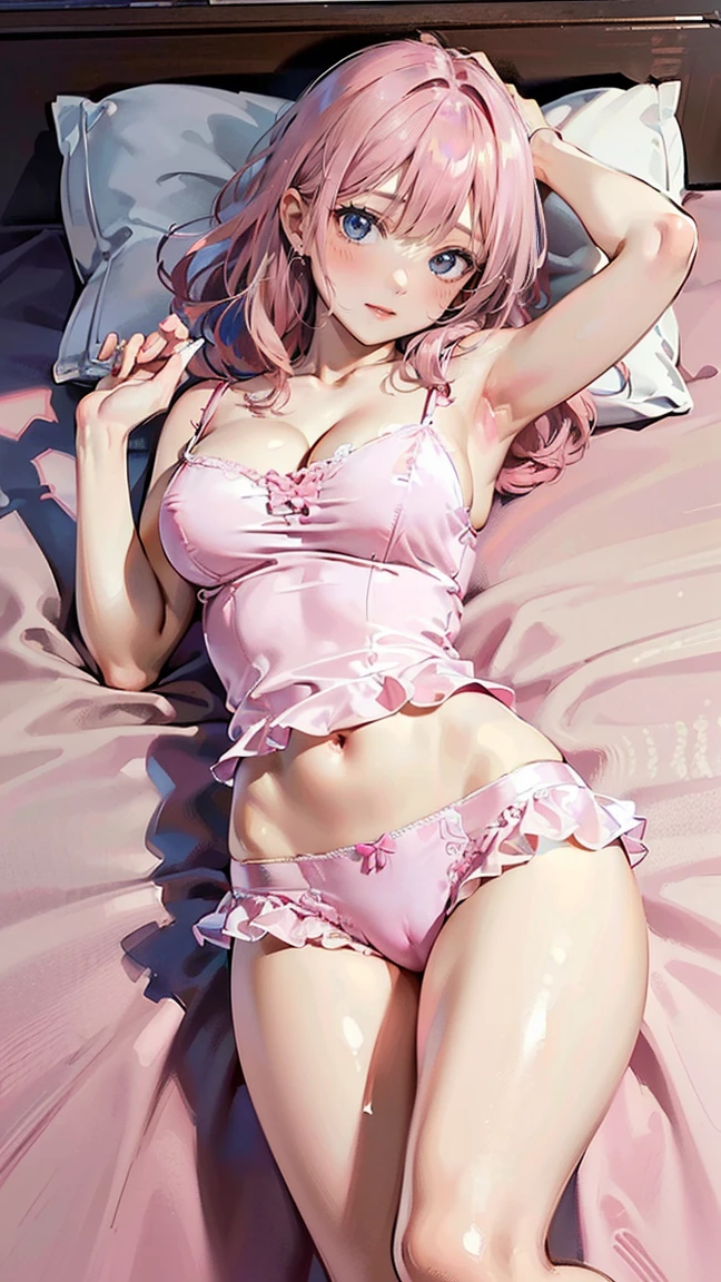 ((Highest quality, 8k, masterpiece :1.3)), (Sharp focus :1.2, Beautiful woman with perfect figure :1.4, Slim Abs :1.2), ((Big Breasts, Emphasize cleavage, The underboob is visible:1.3)), (Photorealistic:1.4), (realistic:1.4), (Pink Hair:1.5), Highly detailed face and skin texture, Fine grain, double eyelid. Makeup face, A little bit of lipstick, sex appeal, Sexy gravure pose, (Pink silk camisole、Lying sexy in the bedroom、Show off your legs。An innocent smile。: 1.3)