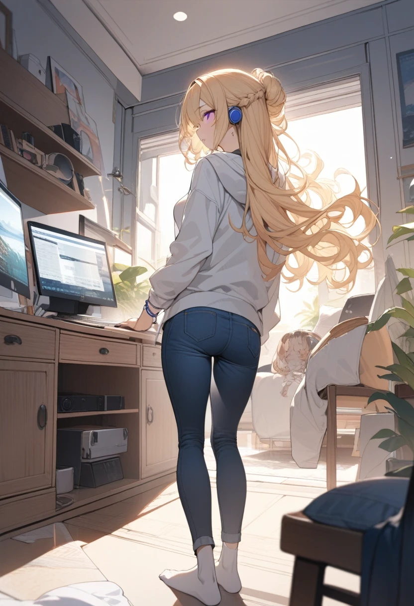 masterpiece, best quality, extremely detailed, ultra detailed, flat anime, 2D,
1girl, (young adult:1.2),blonde hair, (semi-long hair:1.2), curly hair, french braid, medium breasts, tsurime, purple eyes, height 1.7meters,
white hooded sweatshirt, jeans, earring,bracelet, long sleeves, ((Bluetooth small earphone)),socks,
Back view of a laptop computer,Operating a laptop computer,
from behind, full body,
summer, livingroom, 12AM., standing