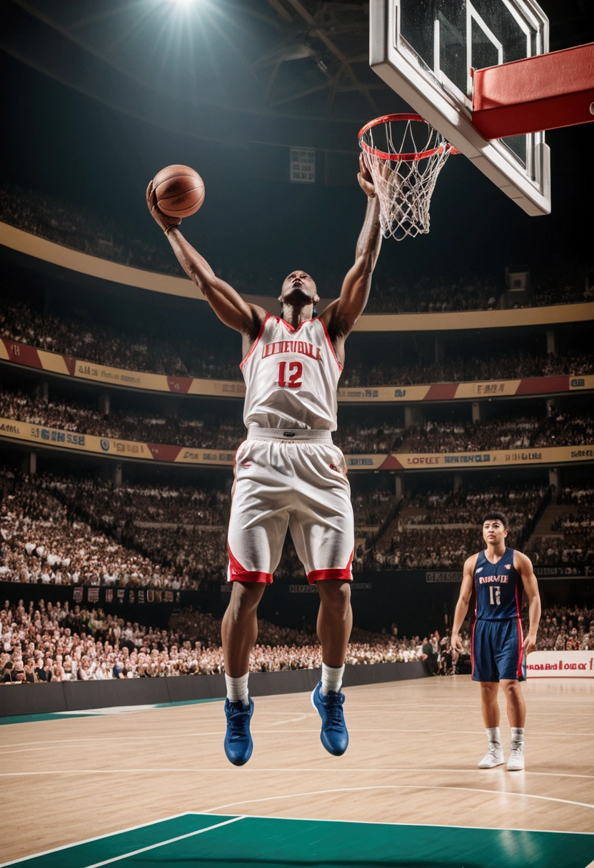 (Basketball Dunk), Game-Winning Dunk, in the style of laser lighting, focused light beams, vibrant light patterns, colored laser lights, danger, pulp comics, pulp art, hyper-realistic manga style, lurid, magazine cover imagery, dynamic composition, full body, award-winning, cinematic still, emotional, vignette, dynamic, vivid, (masterpiece, best quality, Professional, perfect composition, very aesthetic, absurdres, ultra-detailed, intricate details:1.3)