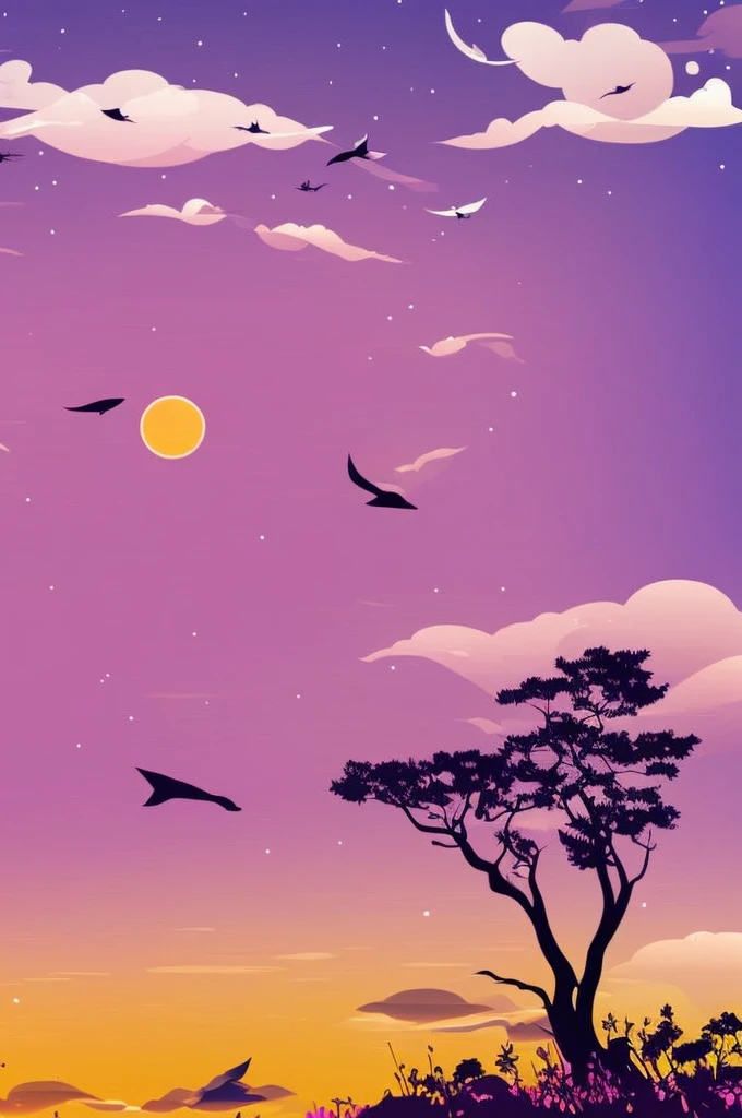 a high quality vector art illustration of a single tree in the sky with a single whale flying past, purple and orange color scheme, detailed textures, intricate design, abstract, minimalist, symmetrical, isometric, bold colors, striking contrast, white background, T-shirt