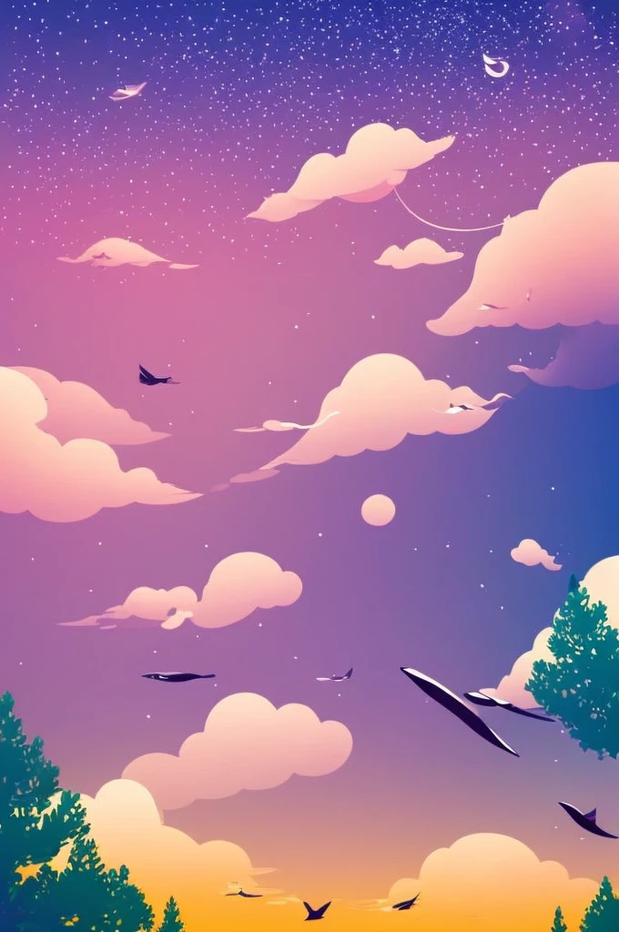 a high quality vector art illustration of a single tree in the sky with a single whale flying past, purple and orange color scheme, detailed textures, intricate design, abstract, minimalist, symmetrical, isometric, bold colors, striking contrast, white background, T-shirt