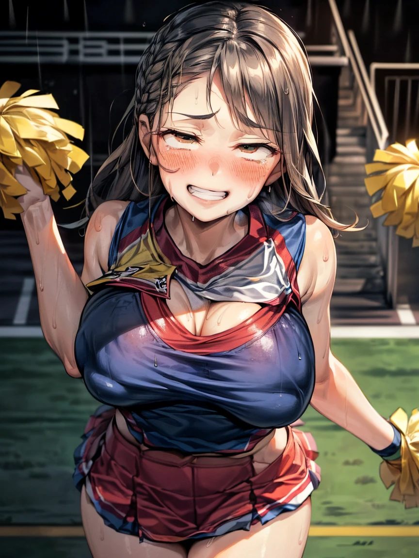(Very tiny girl rides guy perfectly:1.5)、(Petite girl riding:1.3)、(Big Breasts:2)、(eyes half closed:1.9)、(Grin:1.4)、(tears:1.2)、(The body shakes violently)、8k resolution、 ((Highest quality))、Anatomically correct、(Cheerleader:1.9)、((Hasselblad Photos))、[:(Detailed face:1.2):0.2]、(heavy rain:1.5)、(Sweaty:1.6)、((Front view:1.6))、(braid one's hair:1.5)、(Loss of strength from the body:1.3)、(呻吟)、(Jump:1.6)、((Surrounded by a lot of middle-aged men:1.6))、(Upper Body:1.9)、(Leaning forward:1.6)、(Groping the chest:1.6)、((kiss:1.6))
