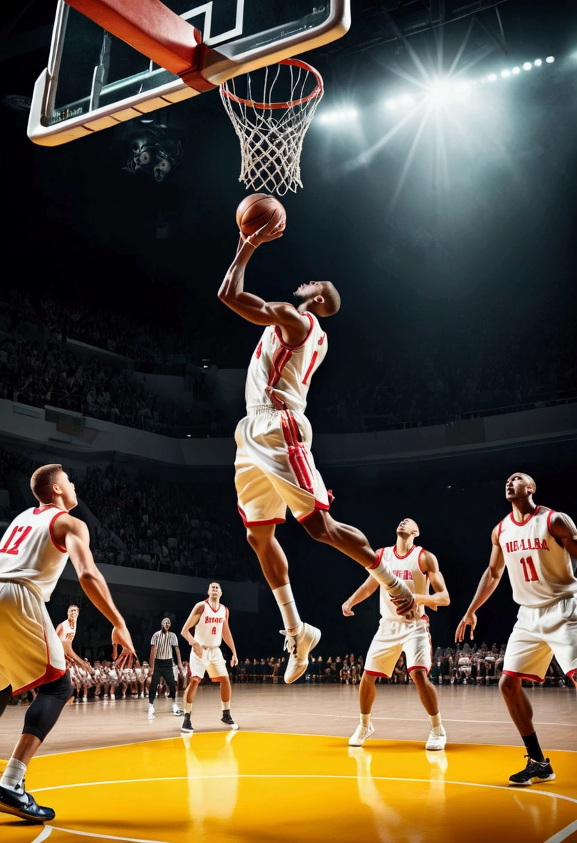 (Basketball Dunk), Game-Winning Dunk, in the style of laser lighting, focused light beams, vibrant light patterns, colored laser lights, danger, pulp comics, pulp art, hyper-realistic manga style, lurid, magazine cover imagery, dynamic composition, full body, award-winning, cinematic still, emotional, vignette, dynamic, vivid, (masterpiece, best quality, Professional, perfect composition, very aesthetic, absurdres, ultra-detailed, intricate details:1.3)