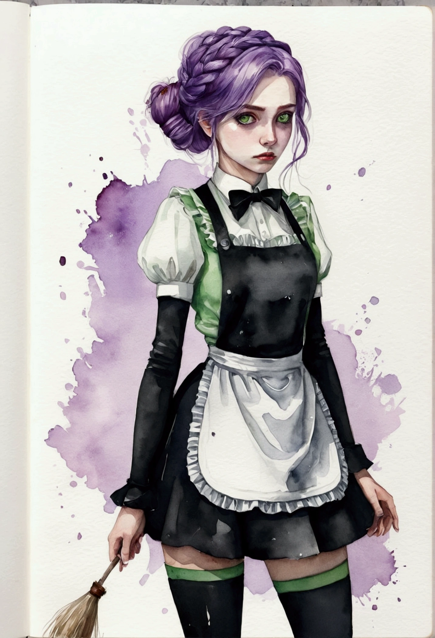 sketch (Character design sheet, same characters, whole body, Three-View, front, ~ ~ ~ ~ side, return),(Very bright:1.1), Sunset background, [1 Girl:7], (Tilt your head:1.2), ([sketch|watercolor \(Moderate\)]:1.15),Chaotic Abstractionな背景, Vector Trace, グラデーションブレンディング and whole body, Artistic elements add depth to the work. The overall atmosphere is creepy and nightmarish...., With a unique artistic touch. This movie is、The dark and crazy world of horror movies depicted in HD., Evoke visual stimuli and aesthetic sense, that will terrify and excite the audience....,watercolor画, （Lightless, Eyes without highlights, evil eye, An ugly person with white eyes, that&#39;Red eyeliner）,whole body絵, Wearing a maid outfit （Gradient braided hair, (Light purple hair), (Ink blotches:1.1), (pale:1.2),(Light purple:1.2),(Light green:1.2)　Adult features,expensive, Wearing black tights,Green Eyes, The skin is hidden　and maid, The background is a dark and desolate landscape, Horror movie atmosphere. Her figure is very beautiful, Emphasizing the dark and crazy elements. Skillfully expressing the effects of light and shadow, detailed, The face and expression of the black costume are also carefully drawn....,sketch (Character design sheet, same characters, whole body, Three-View, front, ~ ~ ~ ~ side, return) 1 female, Nervous,Cowboy Shot,,(Very bright:1.1), White Background, [1 Girl:7], (Tilt your head:1.2), ([sketch|watercolor \(Moderate\)]:1.15),Chaotic Abstraction