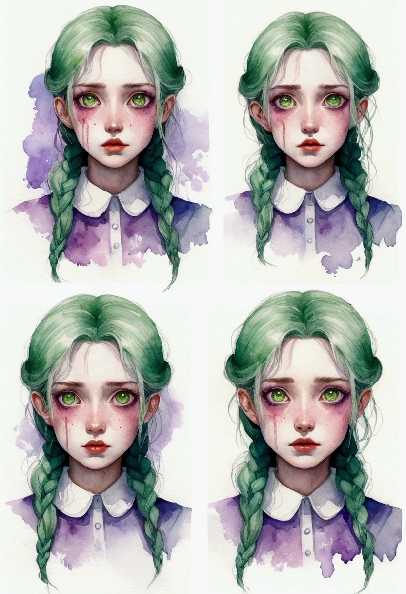 sketch (Character design sheet, same characters, whole body, Three-View, front, ~ ~ ~ ~ side, return),(Very bright:1.1), Sunset background, [1 Girl:7], (Tilt your head:1.2), ([sketch|watercolor \(Moderate\)]:1.15),Chaotic Abstractionな背景, Vector Trace, グラデーションブレンディング and whole body, Artistic elements add depth to the work. The overall atmosphere is creepy and nightmarish...., With a unique artistic touch. This movie is、The dark and crazy world of horror movies depicted in HD., Evoke visual stimuli and aesthetic sense, that will terrify and excite the audience....,watercolor画, （Lightless, Eyes without highlights, evil eye, An ugly person with white eyes, that&#39;Red eyeliner）,whole body絵, Wearing a maid outfit （Gradient braided hair, (Light purple hair), (Ink blotches:1.1), (pale:1.2),(Light purple:1.2),(Light green:1.2)　Adult features,expensive, Wearing black tights,Green Eyes, The skin is hidden　and maid, The background is a dark and desolate landscape, Horror movie atmosphere. Her figure is very beautiful, Emphasizing the dark and crazy elements. Skillfully expressing the effects of light and shadow, detailed, The face and expression of the black costume are also carefully drawn....,sketch (Character design sheet, same characters, whole body, Three-View, front, ~ ~ ~ ~ side, return) 1 female, Nervous,Cowboy Shot,,(Very bright:1.1), White Background, [1 Girl:7], (Tilt your head:1.2), ([sketch|watercolor \(Moderate\)]:1.15),Chaotic Abstraction