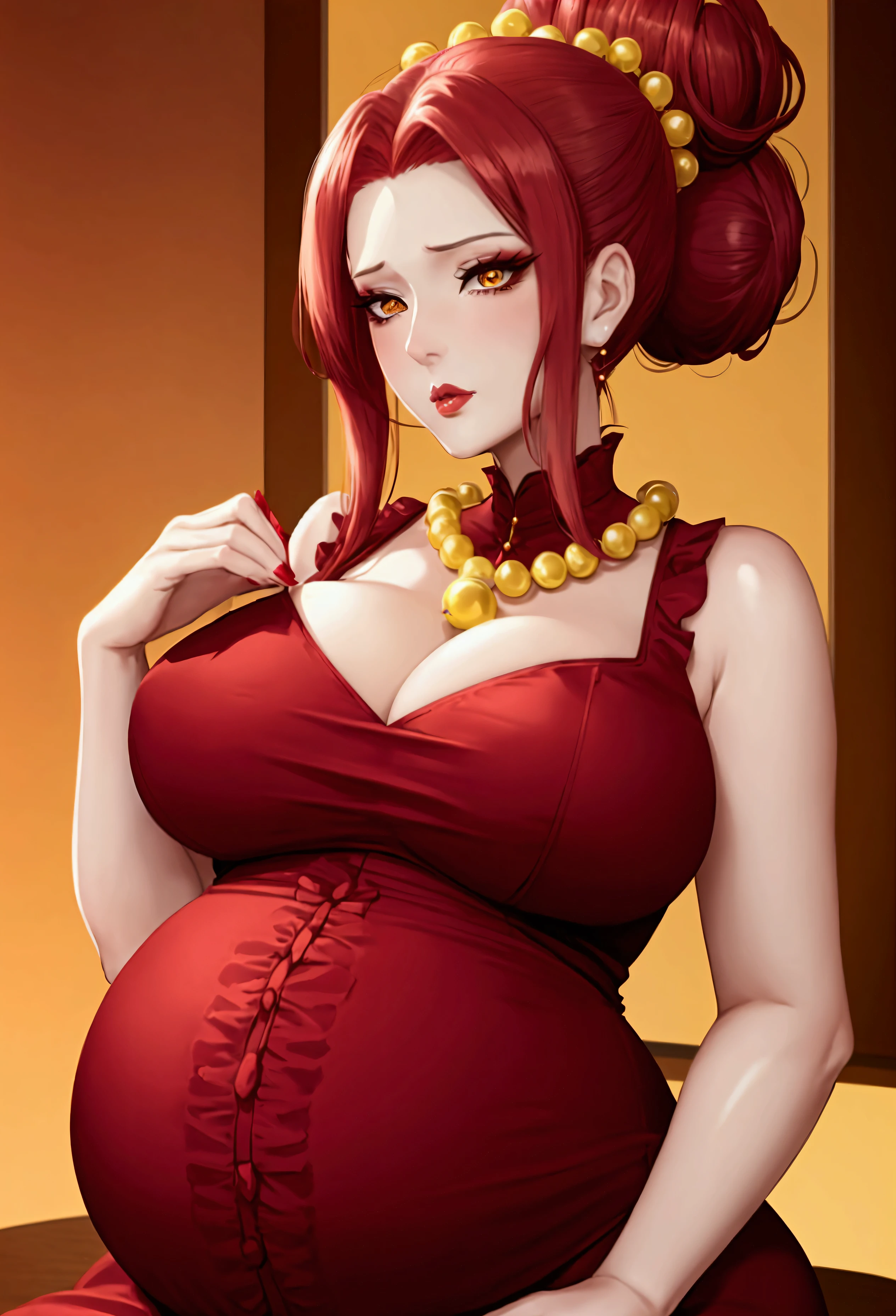 Mature anime woman, crimson hair, yellow eyes, hair in bun, pearls in hair, red Victorian dress, gold eyeshadow, glossy lips, long eyelashes, pregnant, big belly bump, large breasts.
