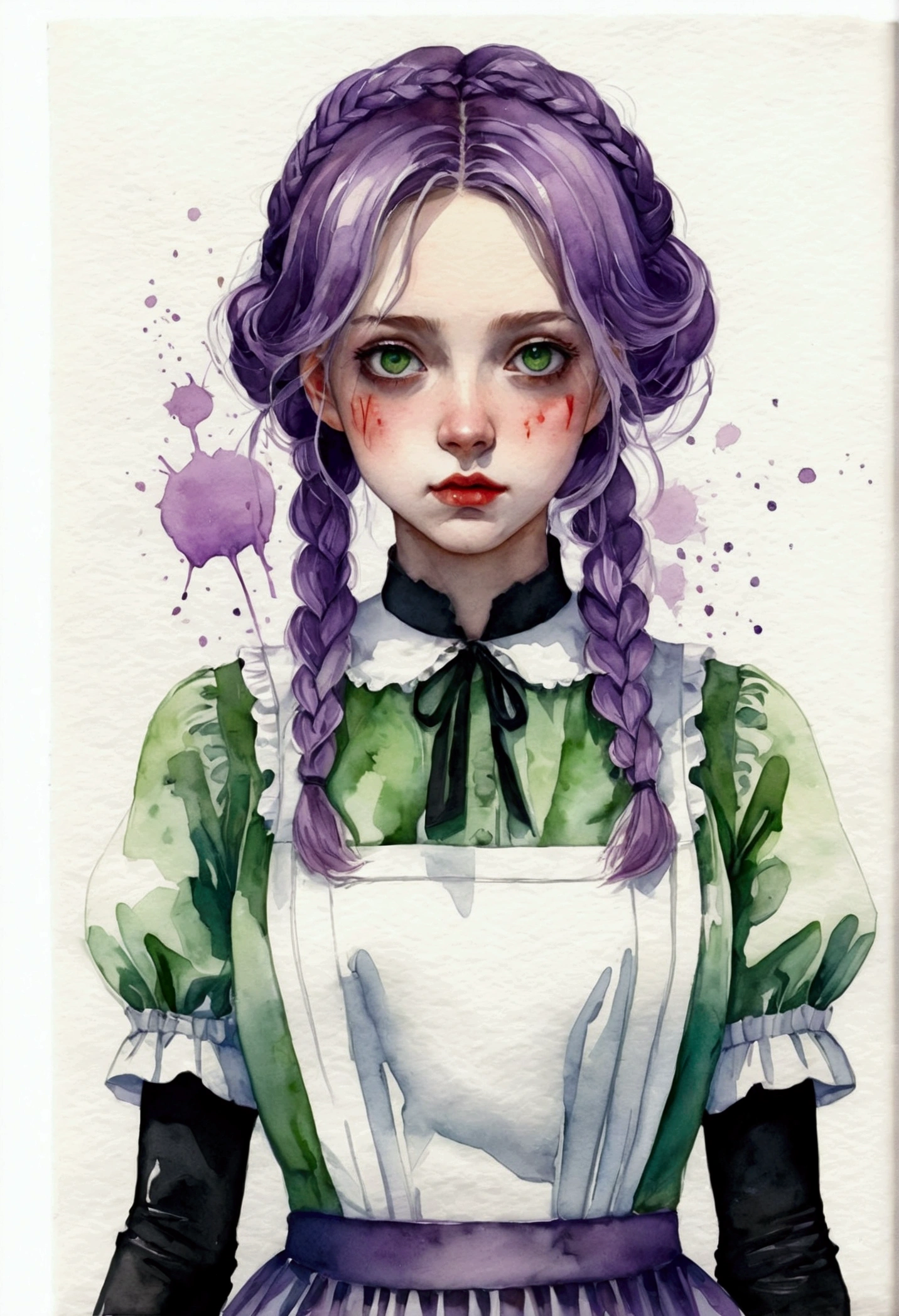 sketch (Character design sheet, same characters, whole body, Three-View, front, ~ ~ ~ ~ side, return),(Very bright:1.1), Sunset background, [1 Girl:7], (Tilt your head:1.2), ([sketch|watercolor \(Moderate\)]:1.15),Chaotic Abstractionな背景, Vector Trace, グラデーションブレンディング and whole body, Artistic elements add depth to the work. The overall atmosphere is creepy and nightmarish...., With a unique artistic touch. This movie is、The dark and crazy world of horror movies depicted in HD., Evoke visual stimuli and aesthetic sense, that will terrify and excite the audience....,watercolor画, （Lightless, Eyes without highlights, evil eye, An ugly person with white eyes, that&#39;Red eyeliner）,whole body絵, Wearing a maid outfit （Gradient braided hair, (Light purple hair), (Ink blotches:1.1), (pale:1.2),(Light purple:1.2),(Light green:1.2)　Adult features,expensive, Wearing black tights,Green Eyes, The skin is hidden　and maid, The background is a dark and desolate landscape, Horror movie atmosphere. Her figure is very beautiful, Emphasizing the dark and crazy elements. Skillfully expressing the effects of light and shadow, detailed, The face and expression of the black costume are also carefully drawn....,sketch (Character design sheet, same characters, whole body, Three-View, front, ~ ~ ~ ~ side, return) 1 female, Nervous,Cowboy Shot,,(Very bright:1.1), White Background, [1 Girl:7], (Tilt your head:1.2), ([sketch|watercolor \(Moderate\)]:1.15),Chaotic Abstraction